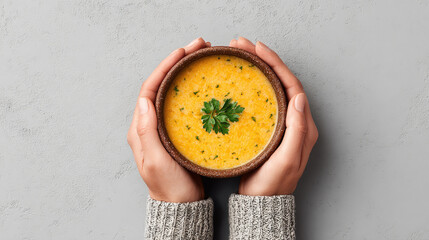 Warm bowl of creamy soup held by hands with cozy sweater