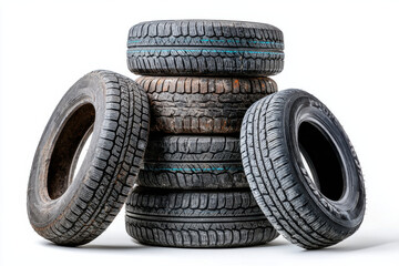 Obraz premium Creative installation of stacked automobile tires isolated on white
