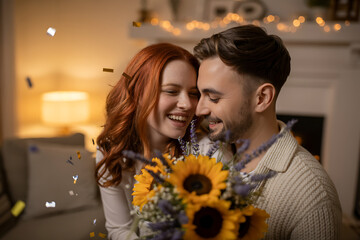 Romantic couple celebrating anniversary with sunflowers and confetti in cozy home setting filled with love