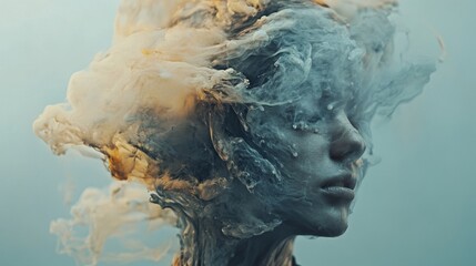Abstract portrait of a woman with a smoke like texture,  a surreal and dreamy representation of emotion and human identity.