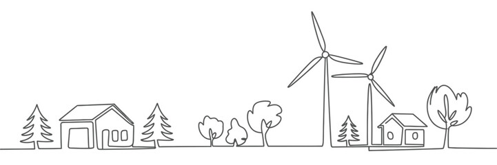Sustainable living with wind turbines and houses in a minimalist line art style © motiur vector artist
