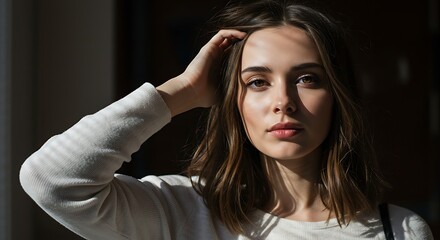Woman Posing Indoors with Natural Light Touching Hair and Face