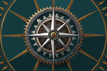 Intricate brass compass with detailed gearwork and polished accents. © artvector