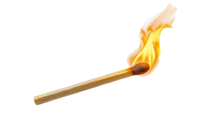 Single burning matchstick with bright flame floating on transparent background