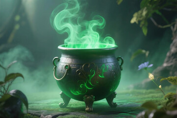 3D cauldron with green magical smoke rising.