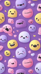 Adorable, colorful, blob-like characters with expressive faces on a purple background