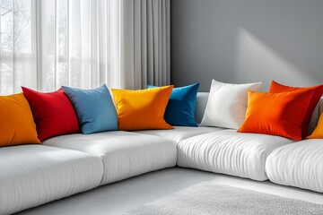 Colorful multicolored pillows on a white corner sofa, showcasing minimalist pop art style home interior design for a modern living room. 3D rendering, Generative AI