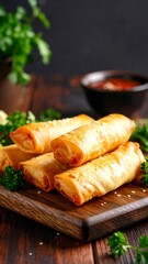 Crispy spring rolls on wooden board