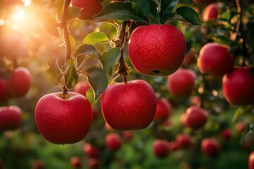 Ripe red apples hang in a sunny�orchard.