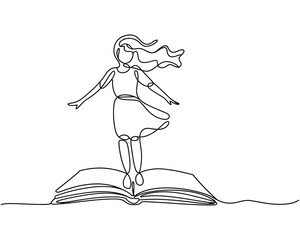 Girl dancing on an open book in continuous line art style