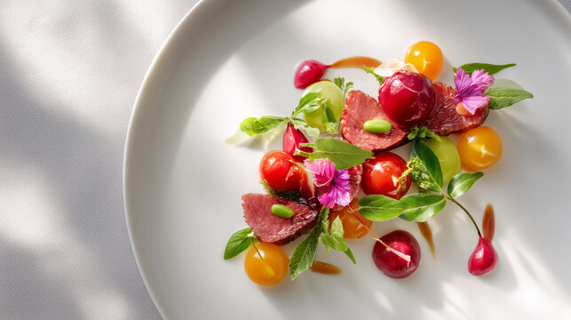 Colorful gourmet salad with cherry tomatoes and edible flowers