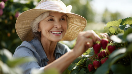 Elderly woman smiling while picking strawberries in garden