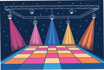 Vibrant dance floor with dynamic, multicolored spotlights creating intersecting beams of light.