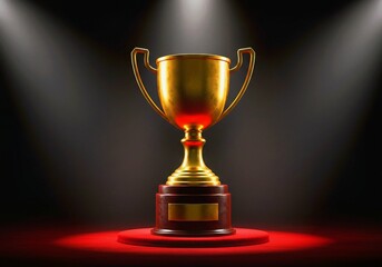 gold trophy cup on black, Golden trophy displayed on a velvet podium under dramatic spotlight, symbolizing achievement and excellence.