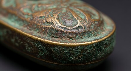Close-up of a weathered bronze or copper object showcasing intricate details and patina oxidation