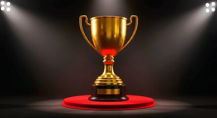 gold trophy cup, Golden trophy displayed on a velvet podium under dramatic spotlight, symbolizing achievement and excellence.