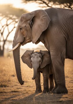 A Mothers Protective Embrace - Elephant and Calf in Golden Savanna Light.