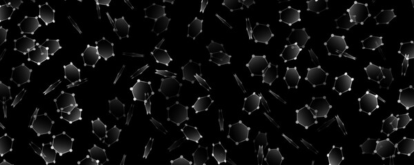 Molecular flying hexagonal particles for scientific research presentation. Abstract dynamic hexagons connected by dots for medical background or biotech design. Vector illustration.