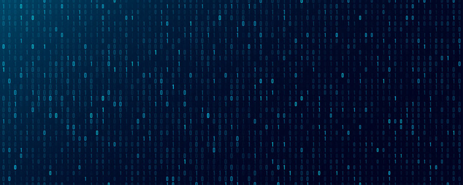 Blue glittering binary code with random digits 0 and 1 for Technology or Science background. Data coding concept for programming web presentation. Vector illustration.