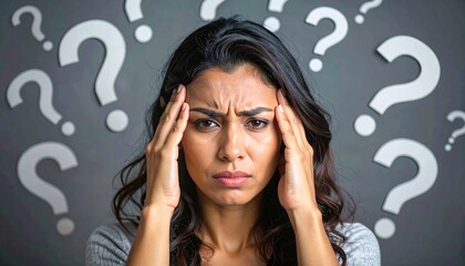 A concerned woman with a furrowed brow and hands on her temples, surrounded by question marks.