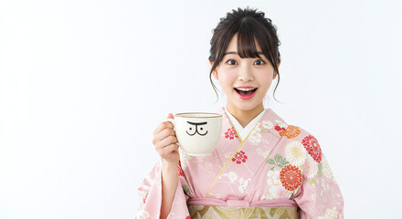 Young Japanese woman wearing kimino holding oversized coffee cup with surprised face, isolated on white background. Generative AI