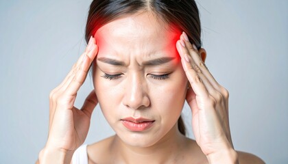 Fototapeta premium A young woman experiencing a headache, holding her temples, with a red highlighted area.