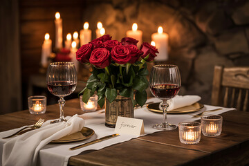 Romantic candlelit dinner for two with red roses and wine, perfect anniversary date night setting