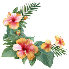 Tropical garden arch with watercolor hibiscus flowers and palm leaves on transparent background
