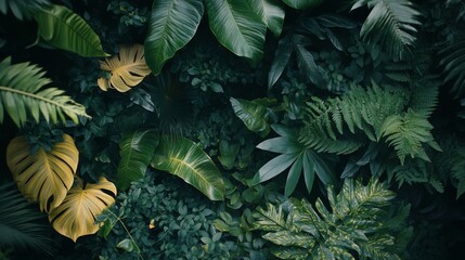 Fototapeta premium A lush tropical jungle with green foliage and monstera leaves