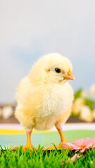 Cute Chickling Posing on Grass, Spring Setting