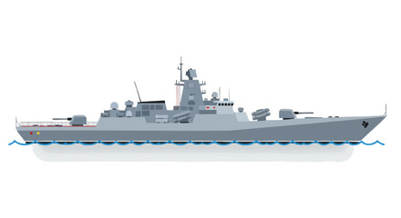 Stylized vector illustration of a modern missile destroyer ship sailing smoothly on the water on a clear background