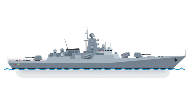 Stylized vector illustration of a modern missile destroyer ship sailing smoothly on the water on a clear background