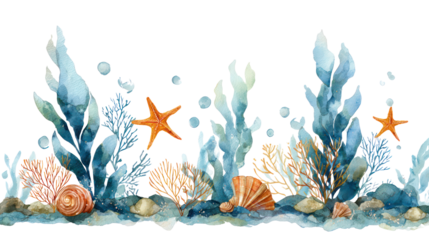 Underwater watercolor seabed with seaweed shells and starfish on transparent background