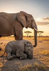 Naklejka premium Gentle Giants Vigil - Mother Elephant Guards Her Resting Calf at Golden Hour.