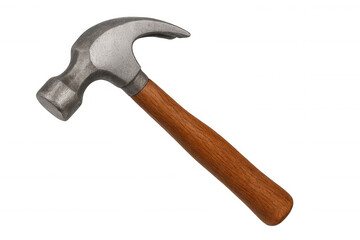 Metal claw hammer with wooden handle lying diagonally isolated on transparent background, ideal for easy compositing