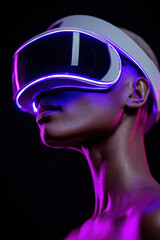 Girl in profile with futuristic VR headset, neon purple lights, black background, artistic high-tech image for metaverse and digital future