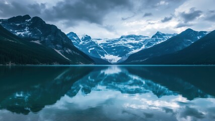 A scenic view of snow capped mountains reflecting in a calm lake under a cloudy sky landscape shot