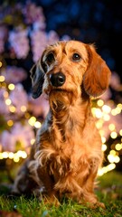 Dachshund in spring blossoms
