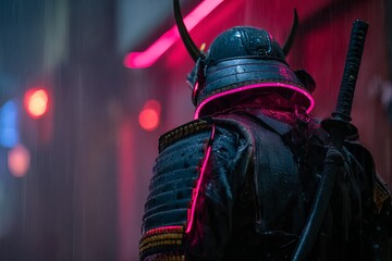 Futuristic Cyberpunk Samurai in Traditional Armor: Enhanced Dystopian Art