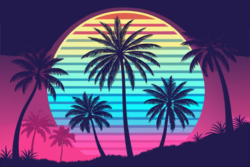 Naklejka premium Showcasing Retro Neon Summer With Bold Palm Silhou Crisp Creative Visual