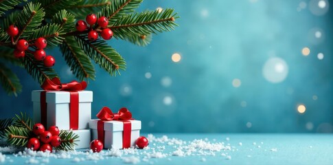Christmas tree branch, red berries, gift boxes on blue Festive winter background , holiday, red