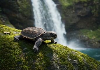 Fototapeta premium A stunning capture of a realistic baby turtle, exploring its vibrant natural habitat on a moss-covered rock, with a powerful waterfall cascading in the background.