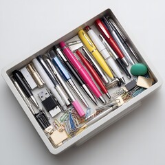 Office desk drawer organization pens usb drives paperclips erasers stationery supplies top view minimalist style