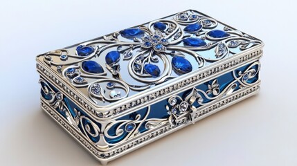 Ornate silver jewelry box adorned with blue gemstones and intricate floral designs
