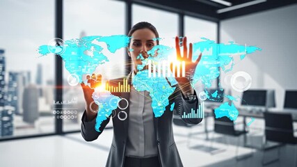 A businesswoman analyzing global data on a futuristic holographic world map interface. - Powered by Adobe