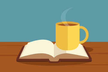 Coffee Mug and Open Book on Rustic Wooden Table Artwork