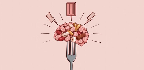 A whimsical illustration of a brain made of various nuts and snacks, impaled by a fork, symbolizing the connection between food and mental stimulation.