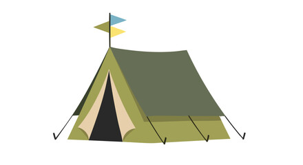 Stylized camping illustration with a vintage tent and pennant flags on top symbolizing adventure and exploration in the wilderness