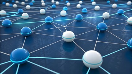 A network of blue and white spheres connected by glowing lines on a blue reflective surface