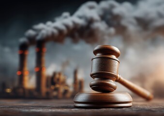 A gavel rests on a wooden surface with smokestacks emitting pollution in the background, symbolizing the intersection of law and environmental issues.